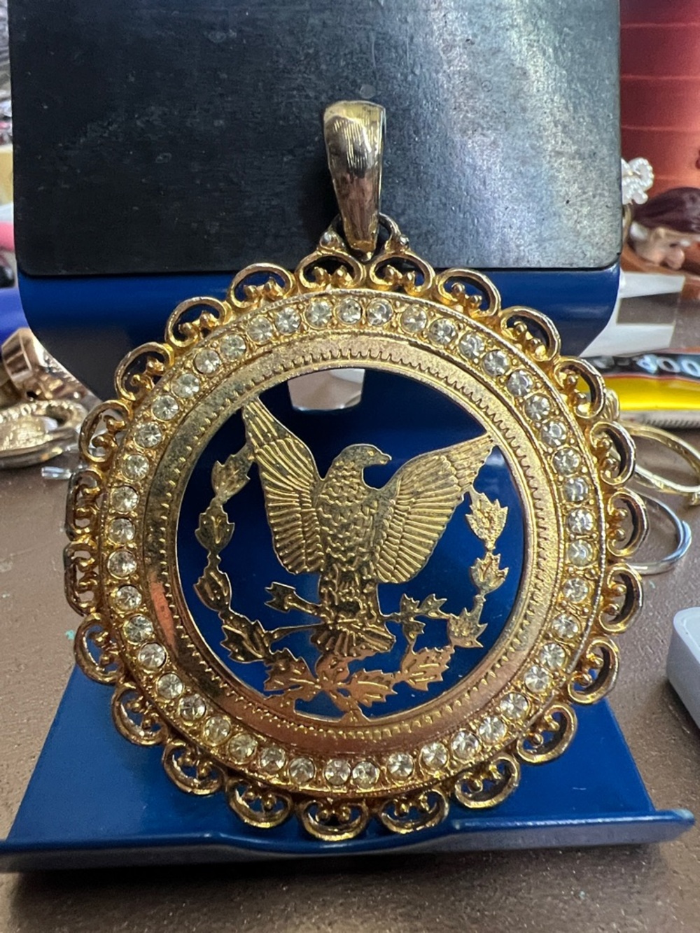 Vintage Royal Gems eagle medallion pendant with rhinestones